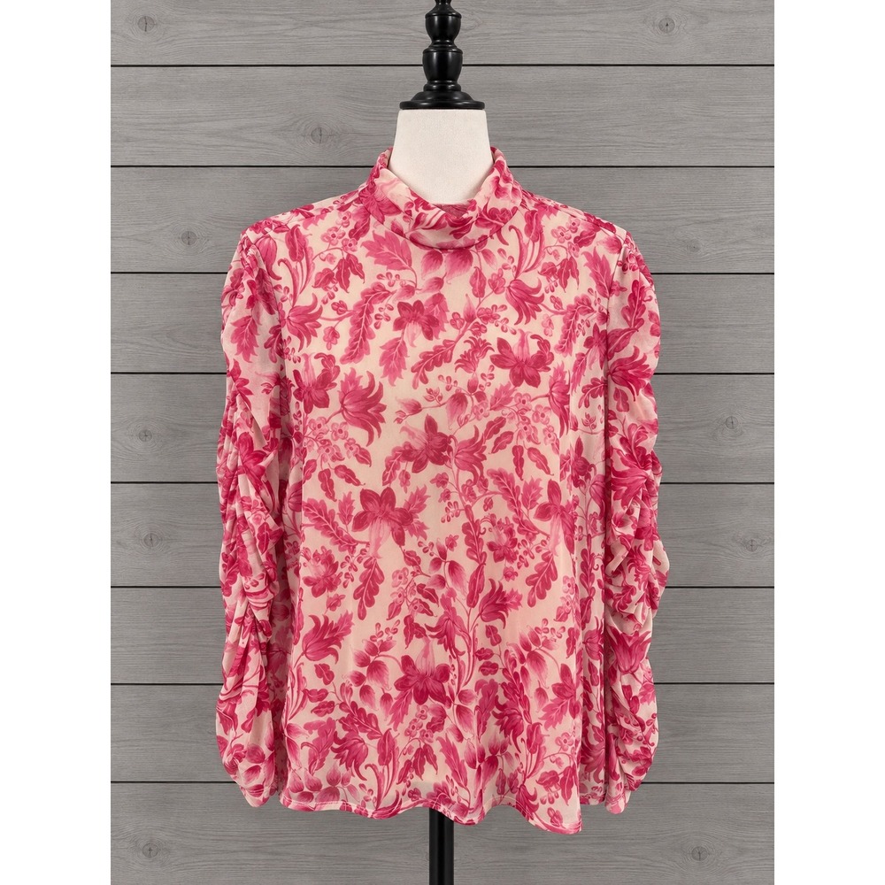 Susan Graver Printed Mesh Ruched Mock Neck Long Sleeve Top Size 3X Pink A630800